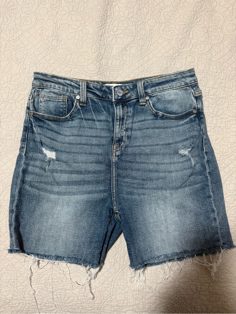 High-Rise Distressed Blue Denim Jean Shorts